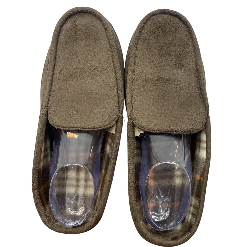 Men's Brown Moccasin Slippers Size L‎ 9-10 Faux Suede Plaid Fleece House Shoes